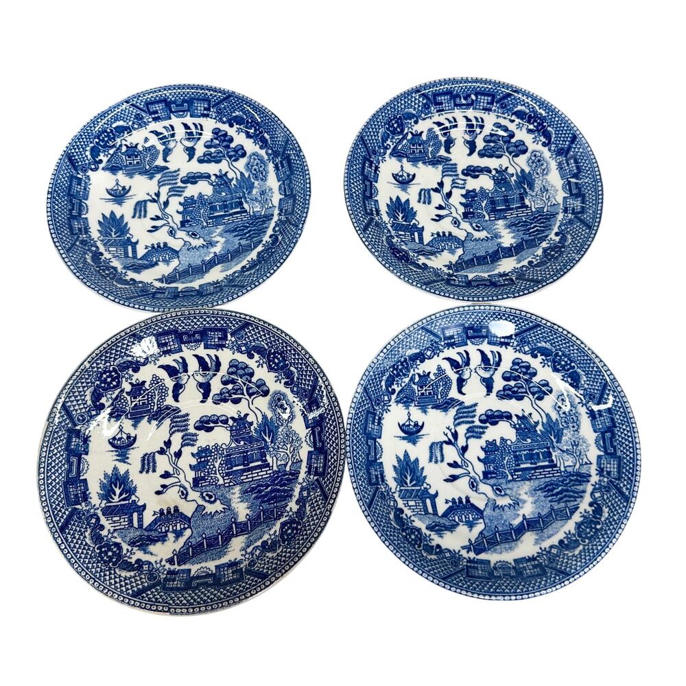 VTG Set of 4 Blue Willow 6 Inch Saucers - Japan, Cobalt Blue - Light Crazing